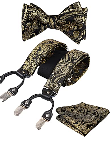 Alizeal Herren verstellbare Blumen Paisley selbst gebundene Fliege, Einstecktuch und elastische Y-Form 6 Clips Hosenträger Set, Schwarz+Gold von Alizeal