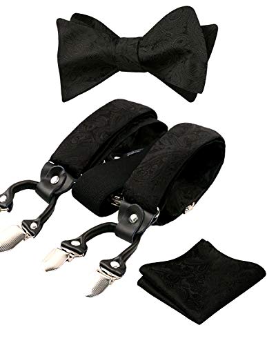 Alizeal Herren verstellbare Blumen Paisley selbst gebundene Fliege, Einstecktuch und elastische Y-Form 6 Clips Hosenträger Set, schwarz von Alizeal