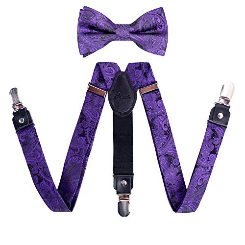 Alizeal Jungen verstellbare Fliege mit floralem Paisley-Muster und Y-förmige Hosenträger mit 3 Clips,Dunkelviolett von Alizeal