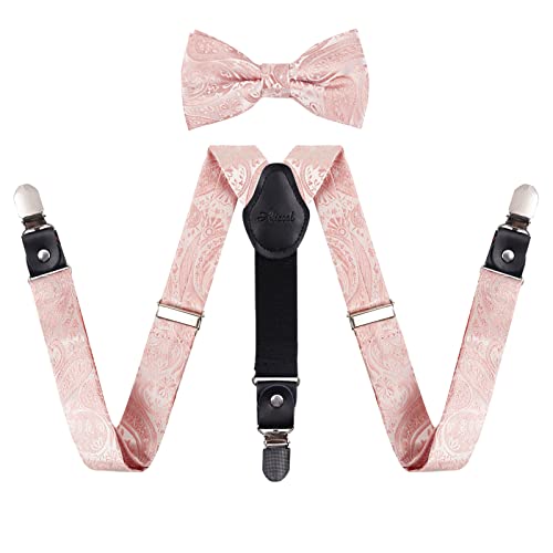 Alizeal Jungen Einstellbare Floral Paisley vorgebundene Fliege und Y Form 3 Clips Braces Set, Blush Pink von Alizeal