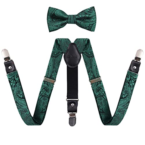Alizeal Jungen Einstellbare Floral Paisley vorgebundene Fliege und Y Form 3 Clips Braces Set, Dunkelgrün von Alizeal