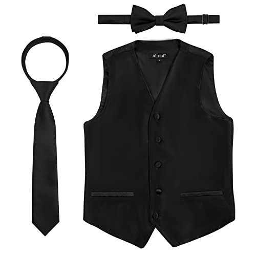 Alizeal Jungen Fliege, Krawatte und Anzug Weste Einfarbige klassische Krawatte und Weste 3pc Set, Schwarz-10 von Alizeal