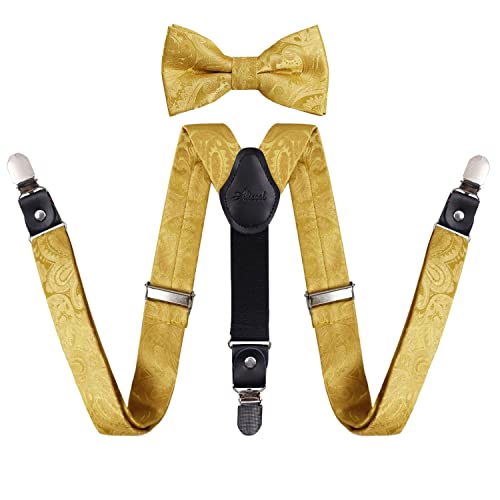 Alizeal Jungen verstellbare Fliege mit floralem PaisleyMuster und Yförmige Hosenträger mit 3 Clips, Goldene Olive von Alizeal
