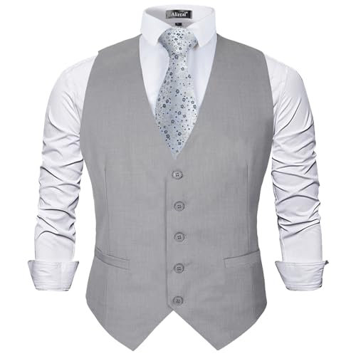 Alizeal Mens Classic Solid Color Business Suit Vest Regular Fit Tuxedo Waistcoat, Light Gray-M von Alizeal