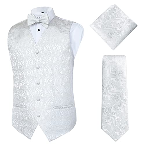 Alizeal Herren Klassische 4pc Paisley Jacquard Weste Anzug Weste Set, Glänzendes Silber-2XL von Alizeal