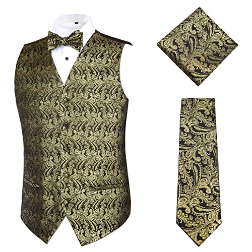 Alizeal Herren Klassische 4pc Paisley Jacquard Weste Anzug Weste Set, Schwarz+Gold-2XL von Alizeal