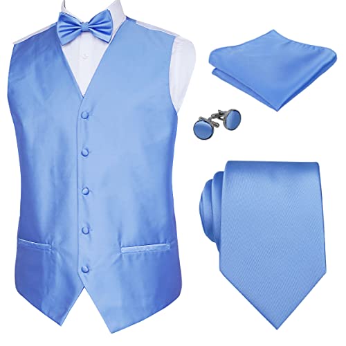 Alizeal Mens Classic 5-teiliges einfarbiges Satin-Anzugwesten-Set, Hellblau-M von Alizeal