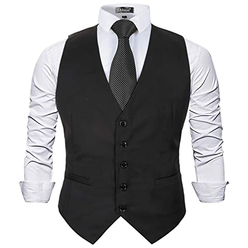 Alizeal Mens Classic Solid Color Business Suit Vest Regular Fit Tuxedo Waistcoat, Black-2XL von Alizeal