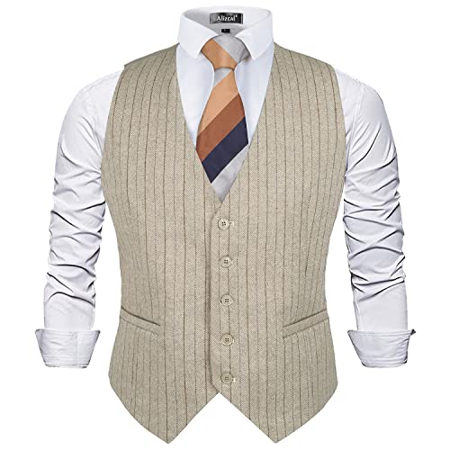 Alizeal Mens Plaid Tweed Business Suit Vest Regular Fit Tuxedo Waistcoat, Beige-L von Alizeal