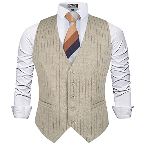 Alizeal Mens Plaid Tweed Business Suit Vest Regular Fit Tuxedo Waistcoat, Beige-XL von Alizeal