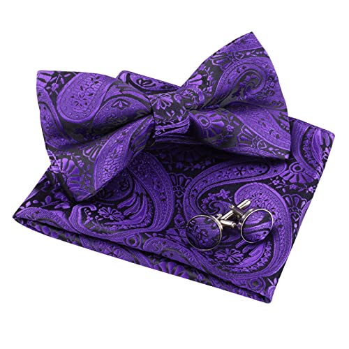 Alizeal Vorgebundene Fliege, Einstecktuch und Manschettenknöpfe, für Herren, Paisleymuster, 028-Dark Purple, Einheitsgröße von Alizeal