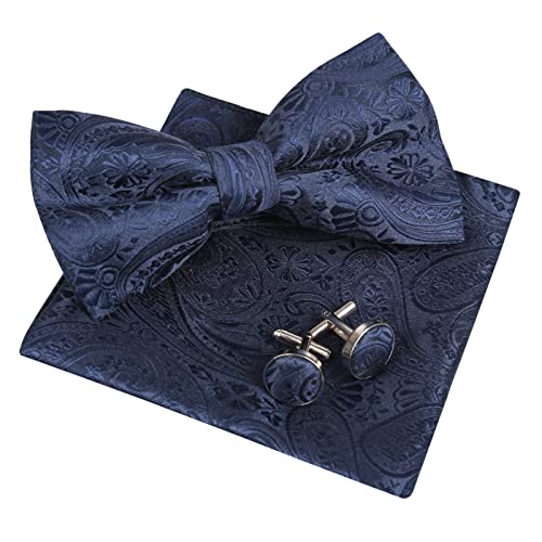 Herren Paisley Fliege, Taschentuch und Manschettenknöpfe Set (Dark Navy)(Größe: Einheitsgröße) von Alizeal