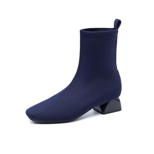 AlkYutd Damen Gestrickte Stiefeletten Niedriger Blockabsatz Slip On Fashion Booties, Blau, 35.5 EU von AlkYutd