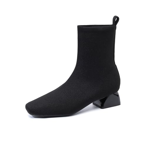 AlkYutd Damen Gestrickte Stiefeletten Niedriger Blockabsatz Slip On Fashion Booties, Schwarz, 35.5 EU von AlkYutd