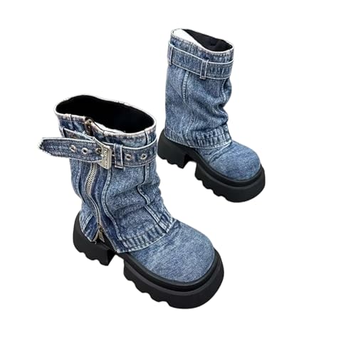 AlkYutd Damen Plateau Mid Calf Boots Round Toe Fold Over Denim Boots, Blau, 38.5 EU von AlkYutd