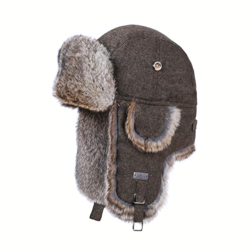 Taslon Pelzmütze für den Winter, Kaninchenfell-Fliegerhut, Ski-Trapper, Pilotenhut, Schnee-Eskimo-Hut mit Ohrenklappen für Damen und Herren, Braun 1, M/L von Alkaidstar