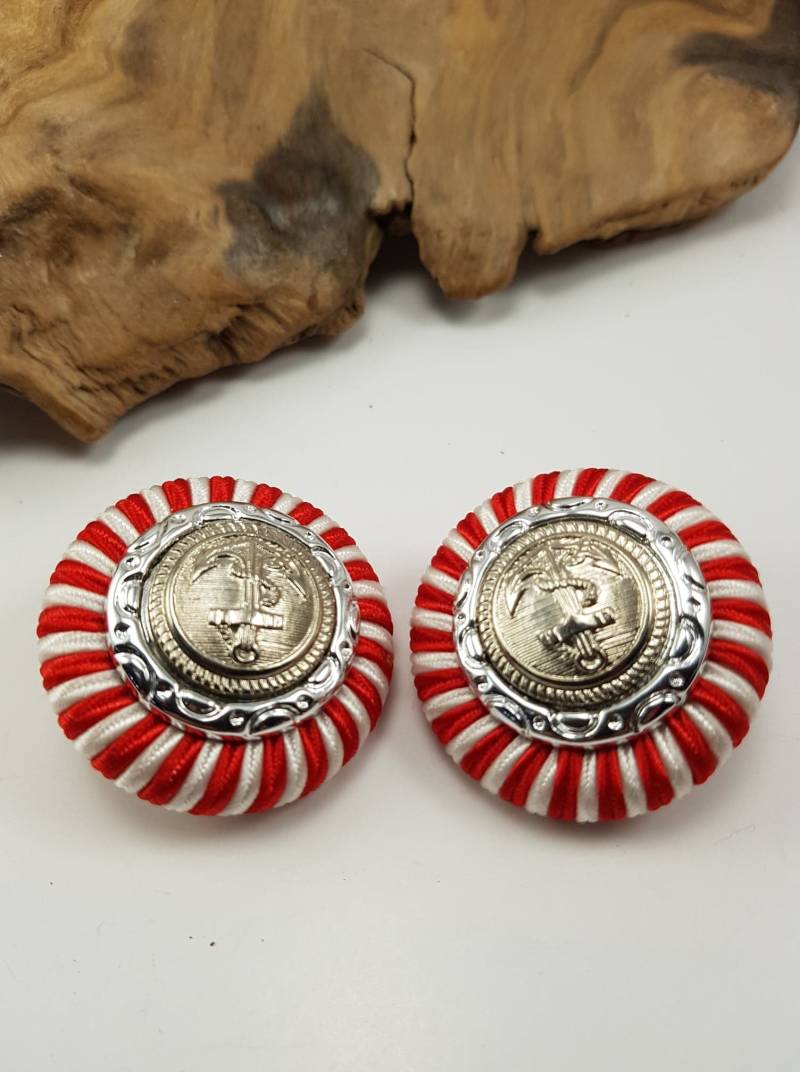 Vintage Große Ohrclips Aus Rot Weißer Seide Und Silbernen Maritimen Ohrringen/Retro 80Er Ohrringe von AlkaraDesigns