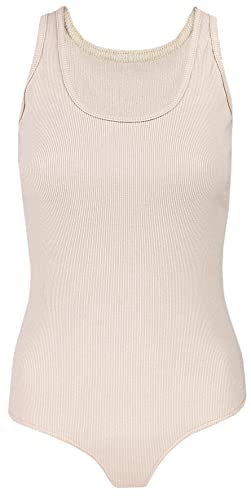 Alkato Damen Ärmellos Body Achselbody Bodysuit mit Rundhalsausschnitt Rippstoff, Farbe: Beige, Größe: S von Alkato