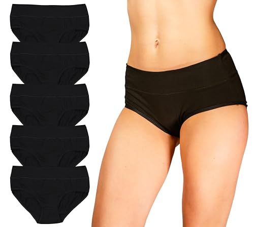Alkato Damen Baumwolle Slips Unterwäsche Unterhosen Hohe Taille Spitze 5er Pack, Farbe: 1671S-LO Taillenslip/Schwarz, Größe: XL von Alkato