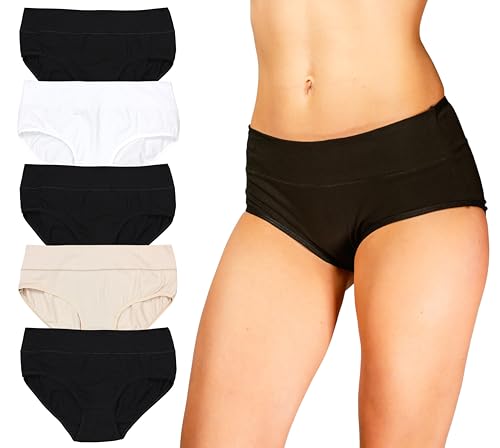 Alkato Damen Baumwolle Slips Unterwäsche Unterhosen Hohe Taille Spitze 5er Pack, Farbe: 1671X-LO Taillenslip/Schwarz Weiß Beige, Größe: 3XL von Alkato