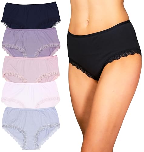 Alkato Damen Baumwolle Slips Unterwäsche Unterhosen Hohe Taille Spitze 5er Pack, Farbe: 2571WA-LO Hohe Taille Spitze/Farbenmix, Größe: 4XL von Alkato