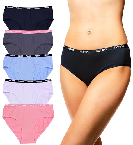 Alkato Damen Baumwolle Slips Unterwäsche Unterhosen Hohe Taille Spitze 5er Pack, Farbe: 3171PD6-LO Slip/Farbenmix, Größe: XL von Alkato