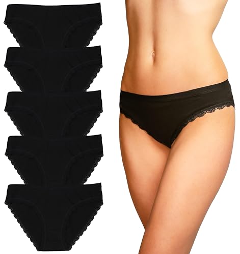Alkato Damen Baumwolle Slips Unterwäsche Unterhosen Hohe Taille Spitze 5er Pack, Farbe: 3271SD2-LO Slip Spitze/Schwarz, Größe: L von Alkato