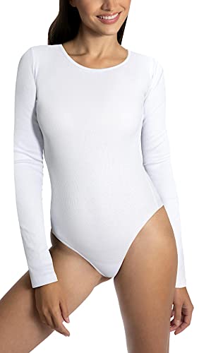 Alkato Damen Langarm Body Bodysuit mit Rundhalsausschnitt blickdicht Rippstoff, Farbe: Weiß, Größe: XL von Alkato