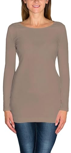 Alkato Damen Langarm Longshirt Langarmshirt Tunika Basic Shirt, Farbe: Beige Latte, Größe: XL von Alkato