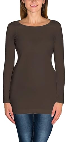 Alkato Damen Langarm Longshirt Langarmshirt Tunika Basic Shirt, Farbe: Braun, Größe: L von Alkato