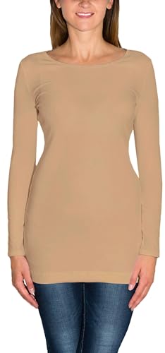Alkato Damen Langarm Longshirt Langarmshirt Tunika Basic Shirt, Farbe: Dunkelbeige, Größe: XL von Alkato