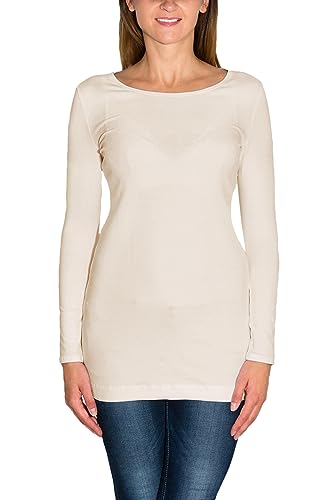 Alkato Damen Langarm Longshirt Langarmshirt Tunika Basic Shirt, Farbe: Elfenbein, Größe: XXL von Alkato