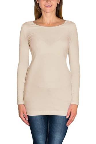 Alkato Damen Langarm Longshirt Langarmshirt Tunika Basic Shirt, Farbe: Hellbeige, Größe: L von Alkato