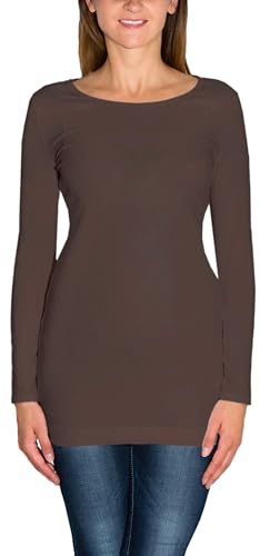 Alkato Damen Langarm Longshirt Langarmshirt Tunika Basic Shirt, Farbe: Hellbraun, Größe: L von Alkato