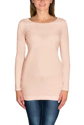 Alkato Damen Langarm Longshirt Langarmshirt Tunika Basic Shirt, Farbe: Puderrosa, Größe: L von Alkato