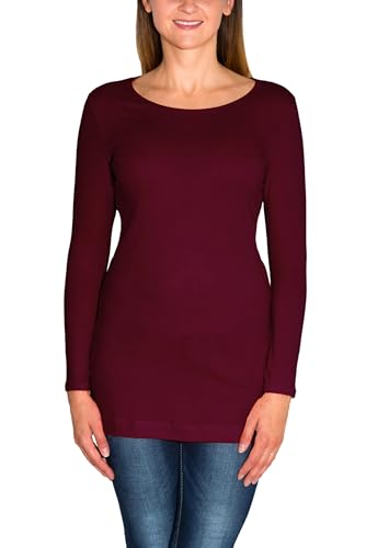 Alkato Damen Langarm Longshirt Langarmshirt Tunika Basic Shirt, Farbe: Weinrot, Größe: XXL von Alkato