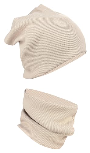 Alkato Unisex Beanie Mütze und Schal Set Uni, Farbe: Rippstoff Beige, Größe: Einheitsgröße von Alkato