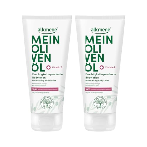 alkmene 2x Bodylotion trockene Haut 200 ml - 100% bestätigen Spannungsgefühl Reduktion - Body Lotion Damen & Herren mit Olivenöl - Feuchtigkeitslotion vegan - Körperlotion für sehr trockene Haut von Alkmene