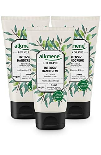 alkmene Handcreme mit Bio Olive - Intensiv Creme für sehr trockene Hände - vegane Olivenöl Intensivcreme ohne Silikone, Parabene, Mineralöl, PEGs, SLS & SLES - Hautpflege im 3er Pack (3x 75 ml) von Alkmene