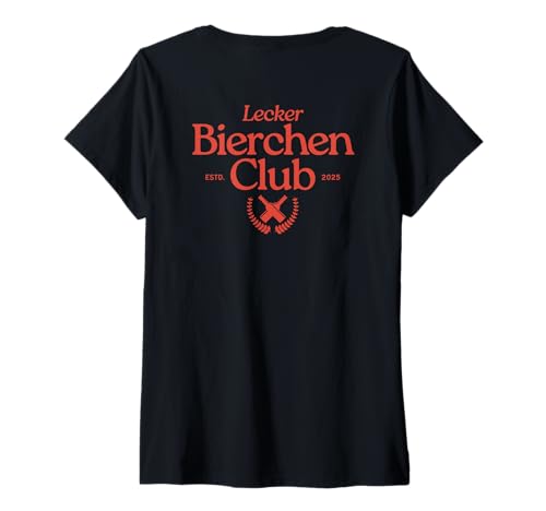 Damen Lecker Bierchen Club Retro Team Malle Daydrinking Backprint T-Shirt mit V-Ausschnitt von Alkohol Designs - Bar Party Urlaub Karneval Saufen