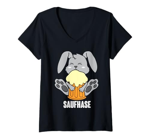 Damen Saufhase Hase Biertrinker Saufen Bier T-Shirt mit V-Ausschnitt von Alkohol Geschenke für Männer Bier Spruch Design