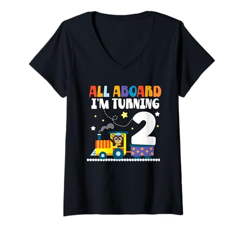 Damen All Aboard I'm Turning 2 2 Birthday 2 Years 2 Years Old T-Shirt mit V-Ausschnitt Damen All Aboard I'm Turning 2 2 Birthday 2 Years 2 Years Old T-Shirt mit V-Ausschnitt von All Aboard Im Turning 2