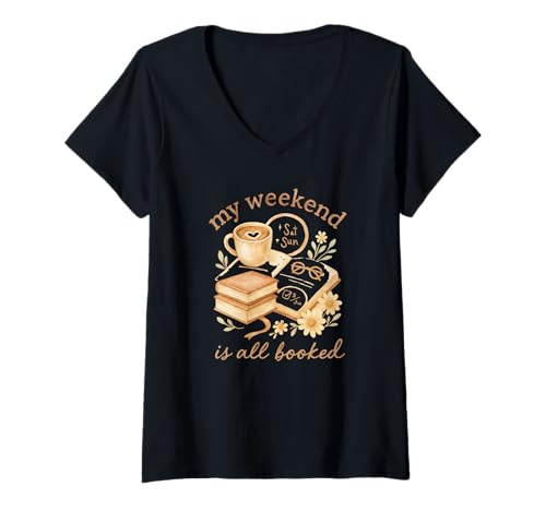Damen My Weekend is All Booked Cozy Book Lover Reading T-Shirt mit V-Ausschnitt Damen My Weekend is All Booked Cozy Book Lover Reading T-Shirt mit V-Ausschnitt von All Booked Weekend Co.