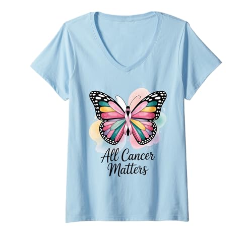 Damen All Cancer Matter Buntes Schmetterlingsband Krebs-Bewusstsein T-Shirt mit V-Ausschnitt Damen All Cancer Matter Buntes Schmetterlingsband Krebs-Bewusstsein T-Shirt mit V-Ausschnitt von All Cancers Matter Ribbon and Co