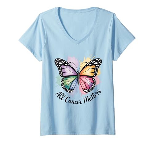 Damen All Cancer Matter Buntes Schmetterlingsband Krebs-Bewusstsein T-Shirt mit V-Ausschnitt Damen All Cancer Matter Buntes Schmetterlingsband Krebs-Bewusstsein T-Shirt mit V-Ausschnitt von All Cancers Matter Ribbon and Co