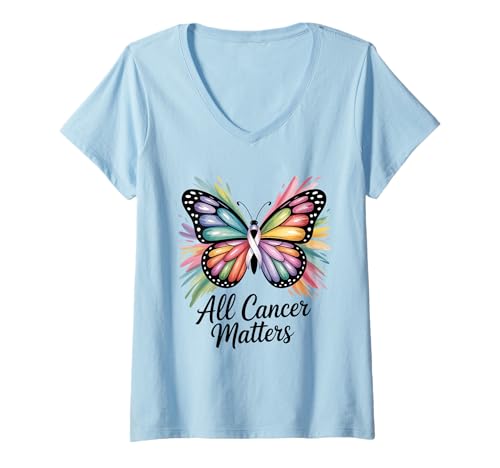Damen All Cancer Matter Buntes Schmetterlingsband Krebs-Bewusstsein T-Shirt mit V-Ausschnitt Damen All Cancer Matter Buntes Schmetterlingsband Krebs-Bewusstsein T-Shirt mit V-Ausschnitt von All Cancers Matter Ribbon and Co