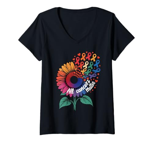 Damen All Cancer Matter Buntes Sonnenblumenband Krebsbewusstsein T-Shirt mit V-Ausschnitt Damen All Cancer Matter Buntes Sonnenblumenband Krebsbewusstsein T-Shirt mit V-Ausschnitt von All Cancers Matter Ribbon and Co