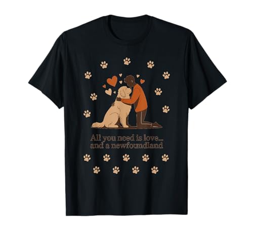 All You Need is Love and a Newfoundland - Man & Newfie Hug T-Shirt von All Dog Breeds