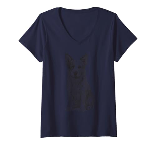 Damen Australian Cattle Dog Portrait detailliert schwarz & weiß ACD T-Shirt mit V-Ausschnitt von All Dog Breeds
