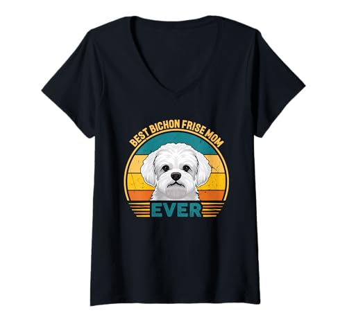Damen Best Bichon Frisé Mom Ever Retro T-Shirt mit V-Ausschnitt von All Dog Breeds